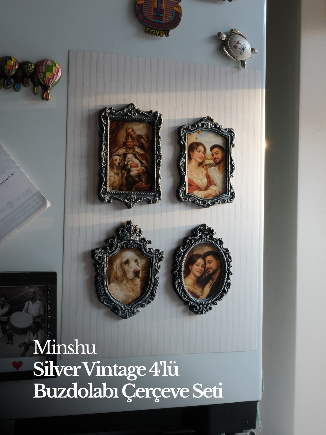 Silver Vintage 4'lü Buzdolabı Çerçeve Seti Ev Dekorasyonu Değiştirilebilir Fotoğraflı Vintage Buzdolabı Dekoru