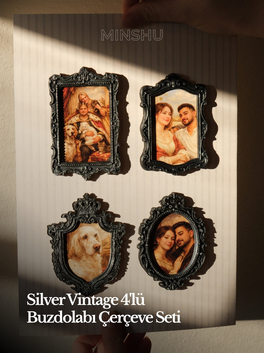 Silver Vintage 4'lü Buzdolabı Çerçeve Seti Ev Dekorasyonu Değiştirilebilir Fotoğraflı Vintage Buzdolabı Dekoru