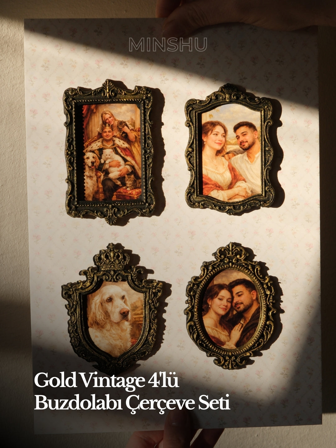Gold Vintage 4'lü Buzdolabı Çerçeve Seti, Değiştirilebilir Fotoğraflı Vintage Buzdolabı/Ev Dekoru
