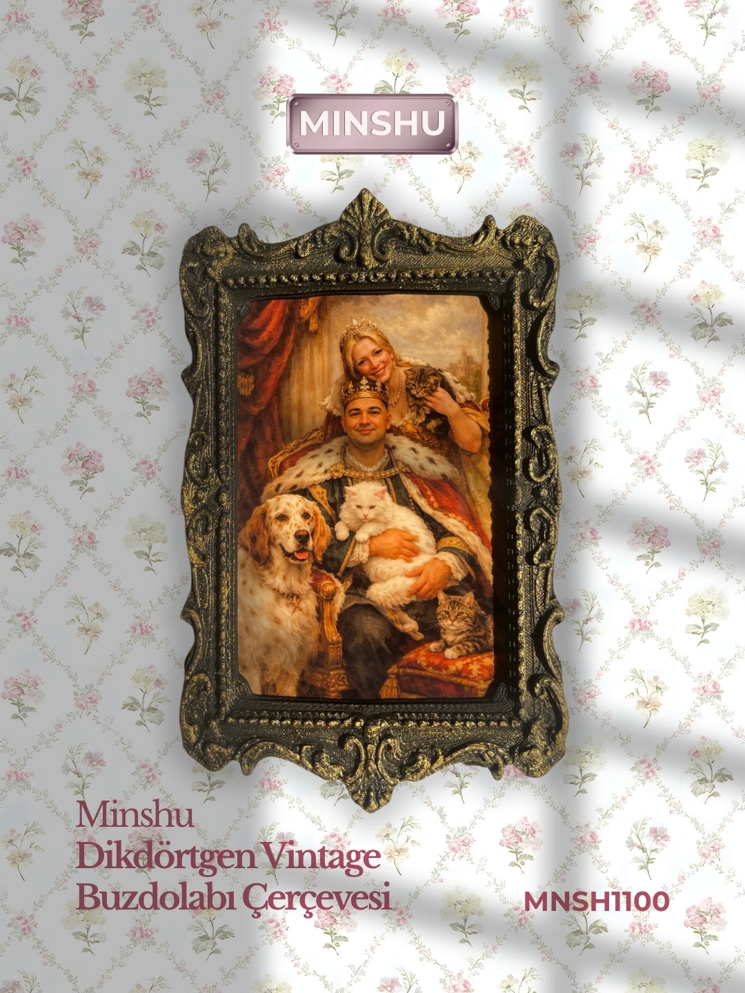 Gold Vintage 4'lü Buzdolabı Çerçeve Seti, Değiştirilebilir Fotoğraflı Vintage Buzdolabı/Ev Dekoru