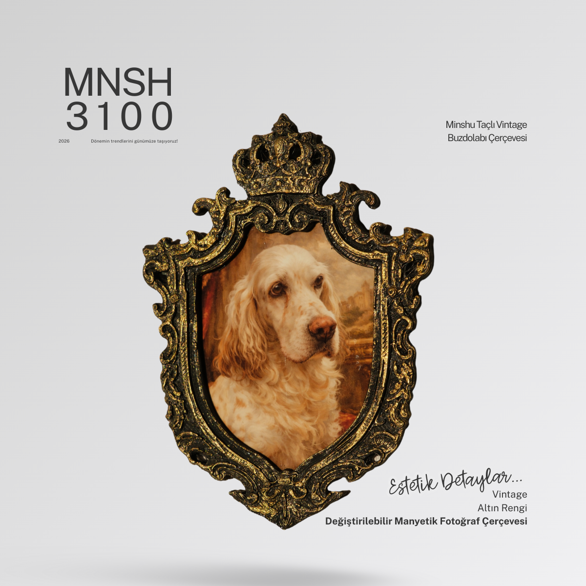 Taçlı Vintage Buzdolabı Çerçevesi, Değiştirilebilir Fotoğraflı Buzdolabı/Ev Dekoru